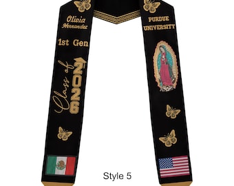May include: Black graduation sash with gold text and accents. Features the name "Olivia Hernandez", "1st Gen", "Class of 2026", and "Purdue University". Includes butterfly and flag graphics. Style 5.