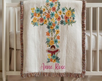 Gepersonaliseerde doopdeken, decor kinderkamer, geweven babydeken met bloemenkruis, doopdeken meisje, doopherinnering