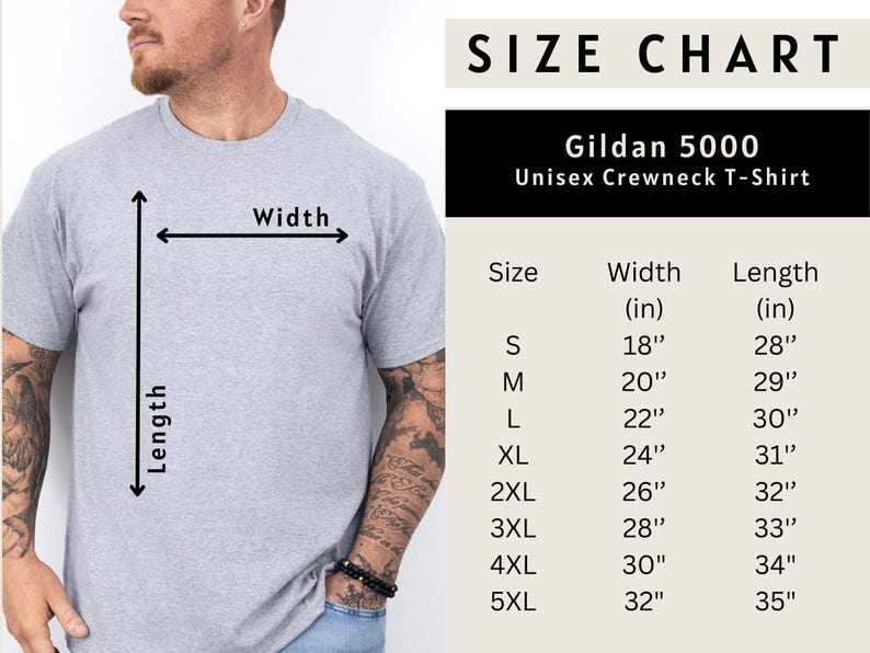 May include: Size chart for Gildan 5000 unisex crewneck t-shirts. The chart shows the width and length in inches for sizes S through 5XL.