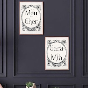 May include: Two black and white framed prints with ornate frames. The top print says "Mon Cher" in a circle. The bottom print says "Cara Mia" in a circle. The prints are hanging on a dark gray wall.