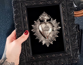 Rustic Silver Sacred Heart In Ornate Frame, Macabre, Catholic, Religion Victorian Steampunk Goth Wall Art Gothic Home Decor Oddities Vampire