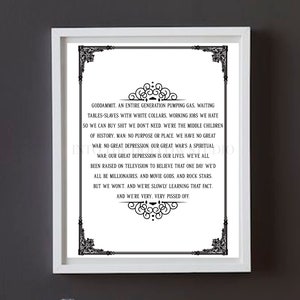 Fight Club, Tyler Durden, Goddammit An Entire Generation, Downloadable Prints | Printable Wall Art | Goth Decor | Cult Movie Merch | Gift