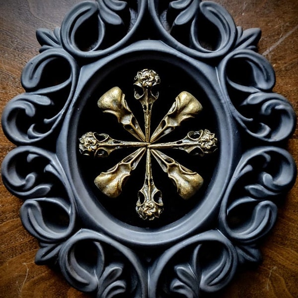 Raven Skull Antique Brass Baroque Frame | Faux Taxidermy | Goth Decor | Macabre | Victorian | Oddities | Crow | Gothic Wall Art | Steam punk