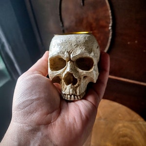 Pode incluir: Um porta-velas de cer&acirc;mica branca em forma de cr&acirc;nio com uma borda dourada. O cr&acirc;nio &eacute; detalhado com caracter&iacute;sticas realistas, incluindo &oacute;rbitas oculares, um nariz e dentes.