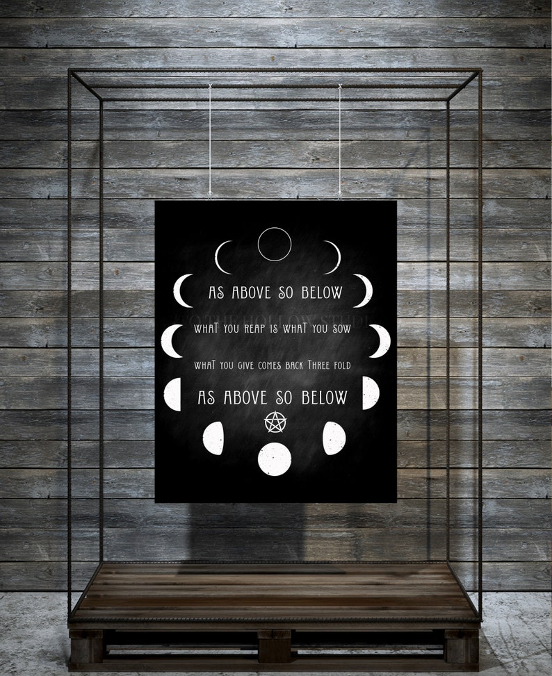 May include: Black and white print with the text "As above so below" and a pentagram symbol. The print features a series of moon phases.