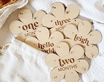 Set of wood milestone discs, Personalized baby name plaque, Baby name announcement acrylic sign, Birth announcement photo prop, milestones