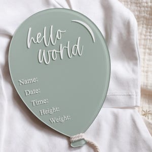 Plaque nominative personnalisée pour bébé en ballon, panneau acrylique pour faire-part de naissance, panneau nominatif pour hôpital avec accessoire photo, nouveau-né Bonjour tout le monde, signe statistique de naissance