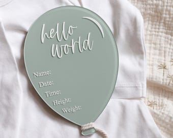 Personalized balloon baby name plaque, Acrylic Birth Announcement Sign, Photo Prop Hospital name sign, Newborn Hello world, birth stat sign