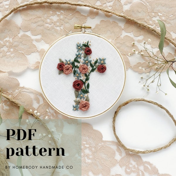 Embroidery Pattern || Floral Cross || Christian Hand Embroidery Easter Springtime Catholic Religious