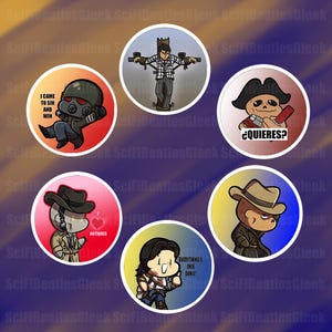 May include: A collection of circular stickers with cartoon illustrations. The stickers feature characters in various outfits, including a post-apocalyptic soldier, a figure on a cross, a pirate, and a cowboy. Text includes "I came to sin and win" and "Antiques".