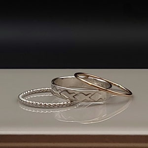 Handcrafted Argentium Silver & 14k Gold-Filled Fish Symbol Stacker Ring Set Size 7