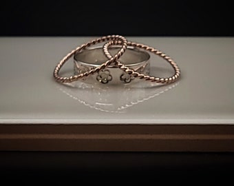 Handcrafted Argentium Silver & 14k Rose Gold-Filled Floral Stacker Ring Set Size 7