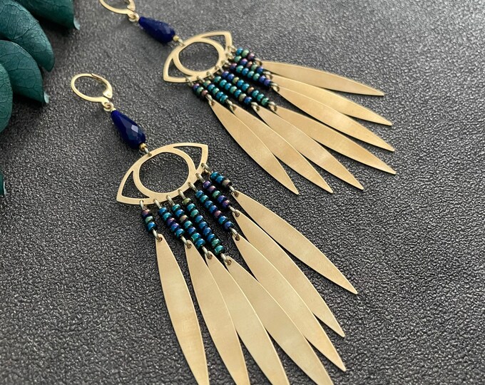 malin - beaded brass chandelier earrings