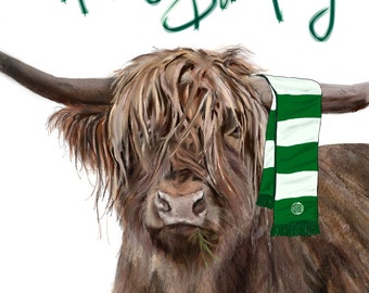 Happy Birthday, Celtic FC, Highland Cow Card, Christmas Card, Scottish, Blank inside, Birthday, Highland Cow, Football card,, Scotland