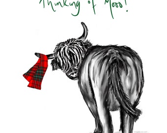 Thinking of You Card, Scottish, Blank inside,  Highland Cow Card, Scotland, Handmade, Unique cards, Cows, Animals, funny cards