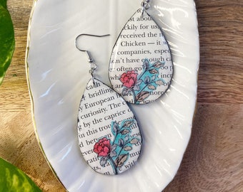Book Pages- Upcycled paper & red rose mini collage teardrop earrings