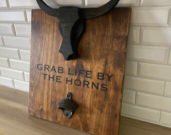 Grab Life By the Horns, den decor, man cave, beer, backyard sign, barbecue sign