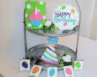 Birthday Theme Tier Tray Decor, Birthday Decorations, Cupcake Decor, Balloon Tag Garland Decorations, Birthday Theme Decor, Party Decor