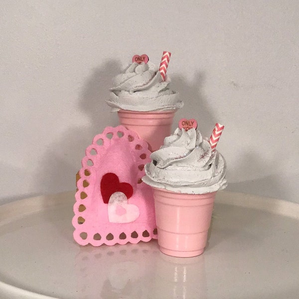 Faux Valentines Drink, Faux Drink, Valentines Decor, Tiered Tray Decor, Fake Mini Solo Cup Drink, Pink Mini Milkshake, Fake Mini Milkshake
