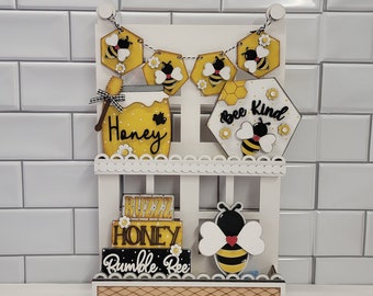 Hand Painted Bee Tier Tray Decor Set, Honeycomb Banner