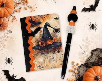 Minicuaderno de Halloween con bolígrafo de cuentas / Diario con sombrero de bruja / Cuaderno espeluznante hecho a mano / Regalo de Halloween / Accesorio para diario creativo