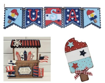 Patriotic Tier Tray Decor, Patriotic Market Stand Shelf Sitter, Patriotic Banner, Patriotic Garland, Patriotic Popsicle Decoration