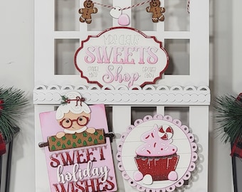 Juego de bandejas de niveles para tienda de dulces de la Sra. Claus, decoración de 4 piezas de la Sra. Claus, guirnalda de gomitas de jengibre, decoración de cupcakes, decoración con dulces deseos navideños