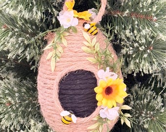 Beehive Decor, Hanging Beehive Decor, Bumble Bee Wall Decor, Accent Centerpiece Decor with Sunflowers, Bee Decor, Bee Skep Decor, Bee Skep