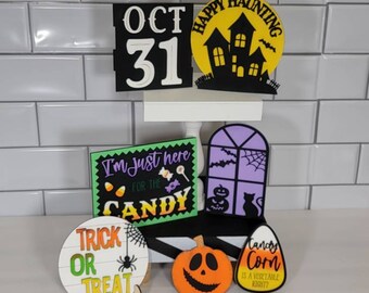 Decoración de la bandeja de nivel de Halloween, truco o trato, maíz dulce, paquete de bandeja de nivel de Halloween, juego de bandejas de nivel de Halloween, letreros pintados a mano para la bandeja de nivel