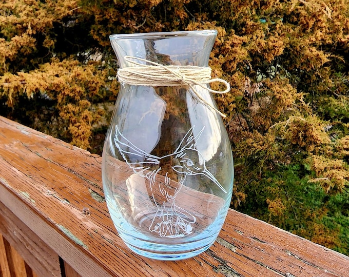 Hand engraved glass hummingbird pot belly vase