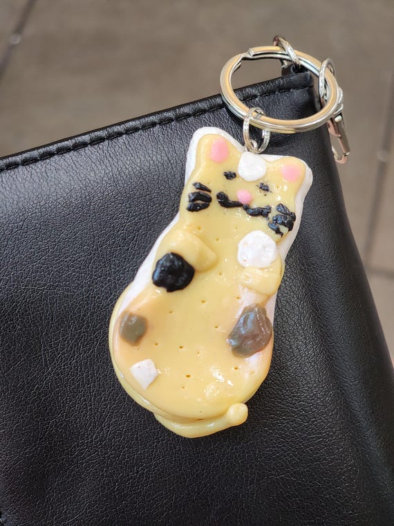 Handmade polymer clay cookie cat worry/fidget keychain