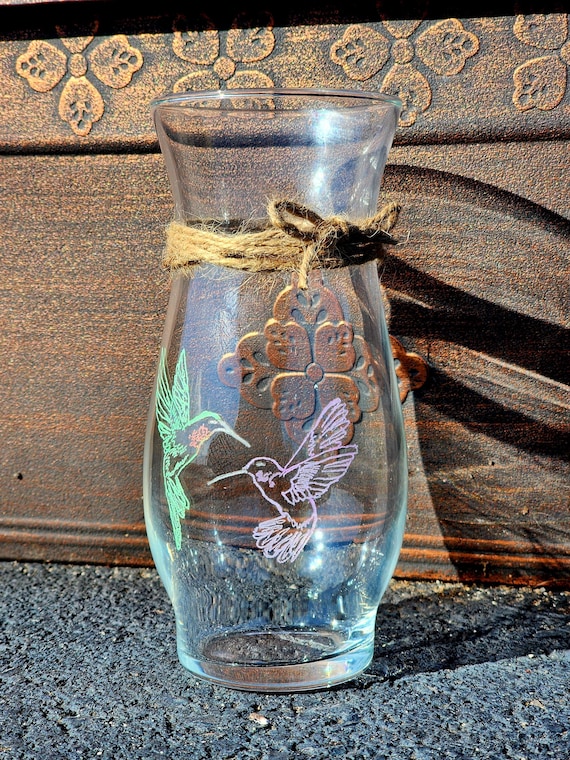 Hand rotary engraved and painted Hummingbird vase