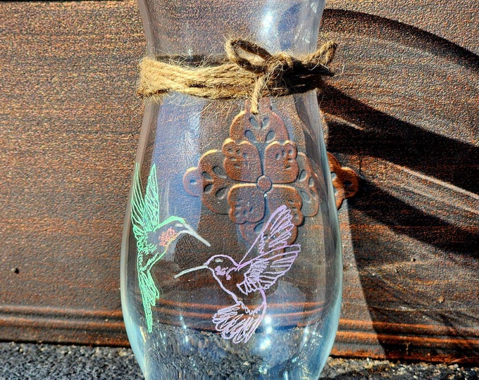 Hand rotary engraved and painted Hummingbird vase