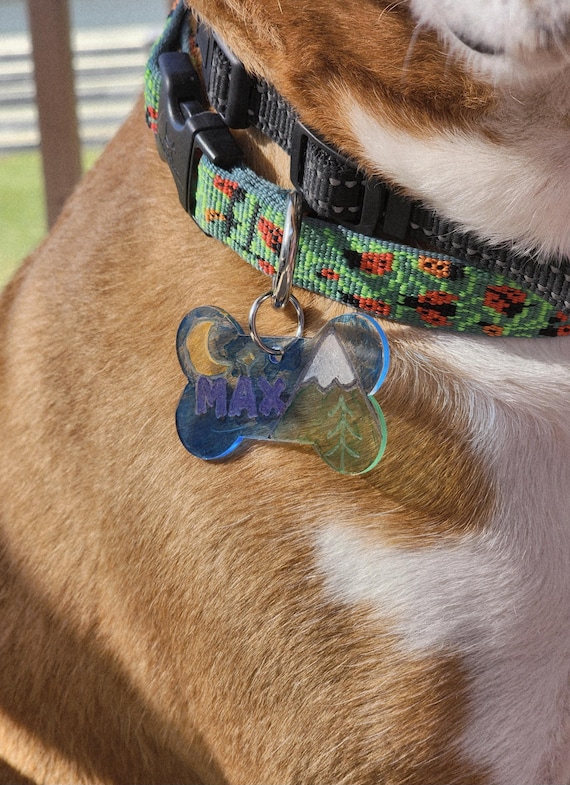 Hand engraved and handpainted personalized translucent dog ID tag