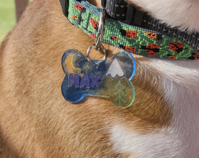 Hand engraved and handpainted personalized translucent dog ID tag