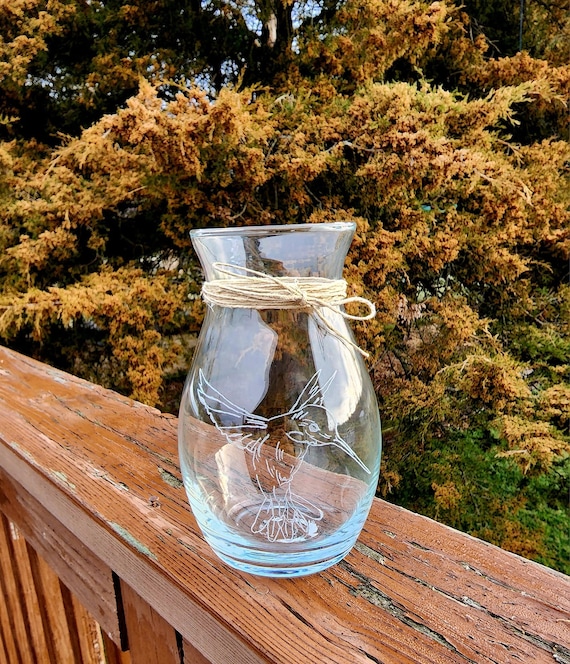 Hand engraved glass hummingbird pot belly vase