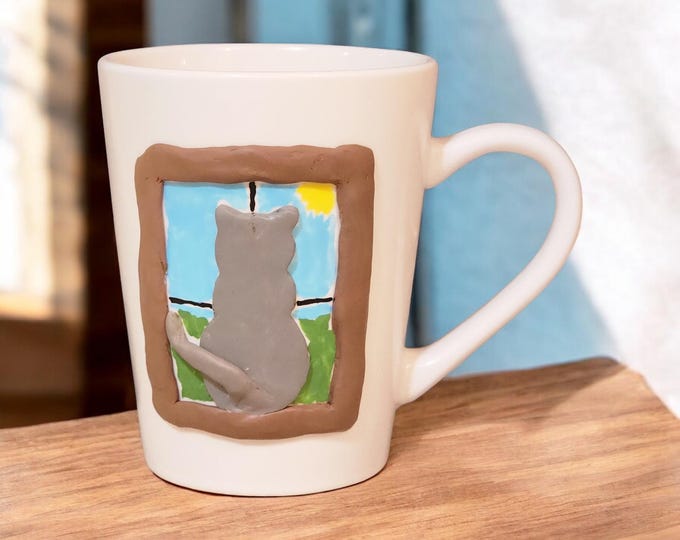 Handmade polymer clay perched cat mug