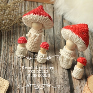 Crochet mushroom peg dolls, PDF crochet pattern, handmade peg doll