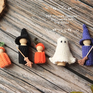 Crochet Halloween set peg dolls, PDF crochet pattern, witch, ghost and pumpkin