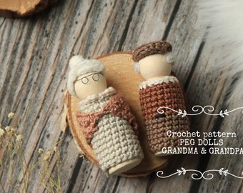 Crochet peg dolls grandma and grandpa , PDF crochet pattern , peg dolls