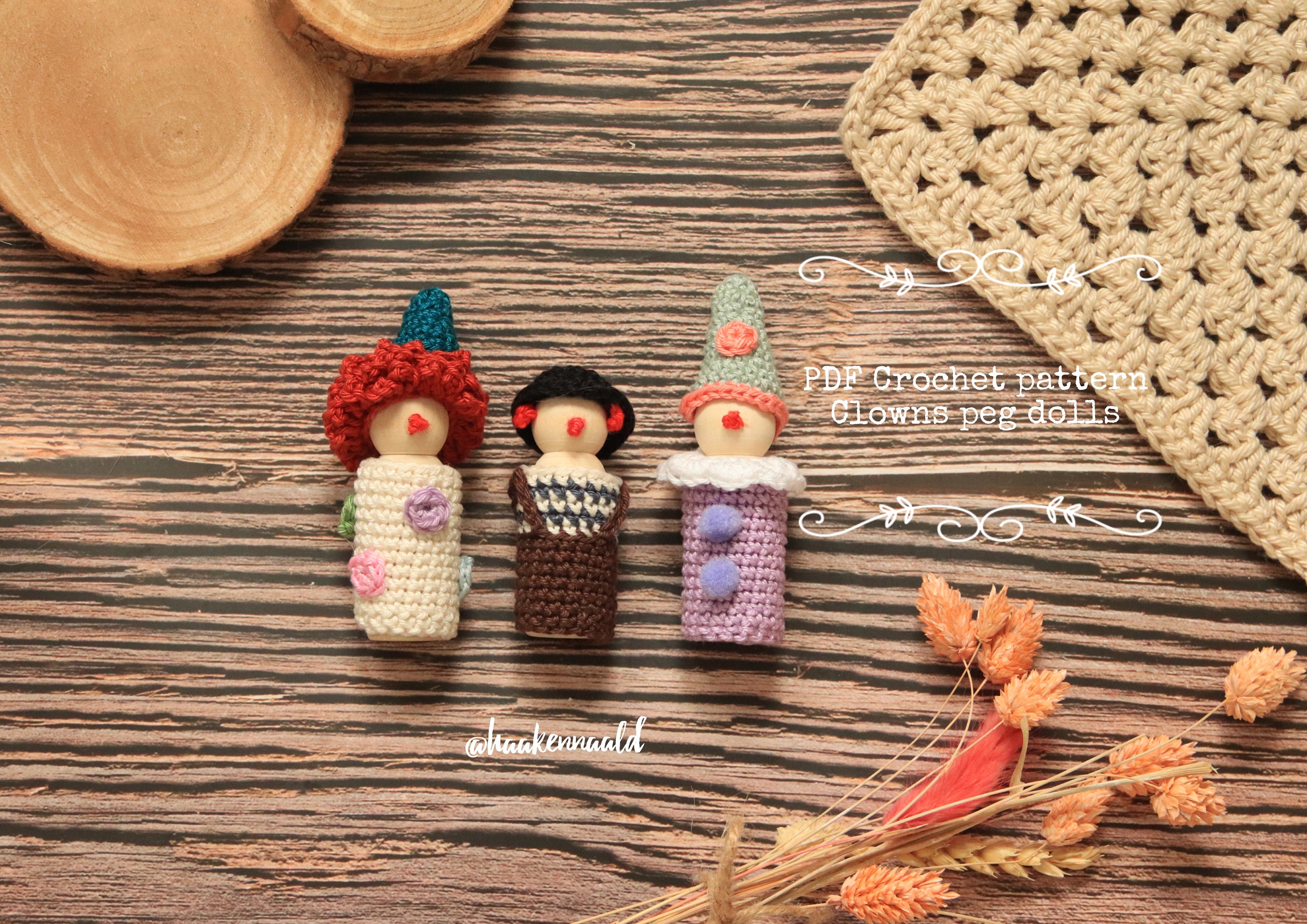 37 Clown Crochet Patterns to Add Color, Character, and Circus Charm 9 Crochet clowns peg dolls
