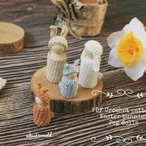 Crochet Easter bunnies peg dolls, PDF crochet pattern, handmade peg dolls