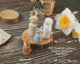 Crochet Easter bunnies peg dolls, PDF crochet pattern, handmade peg dolls