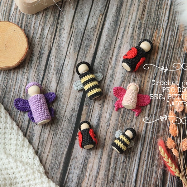 Crochet peg dolls bee, butterfly and ladybug , PDF crochet pattern , handmade peg dolls