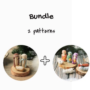 May include: A bundle of two crochet patterns for a nativity scene. The first pattern shows a crocheted Mary, Joseph, and baby Jesus. The second pattern shows a crocheted shepherd, sheep, and donkey.