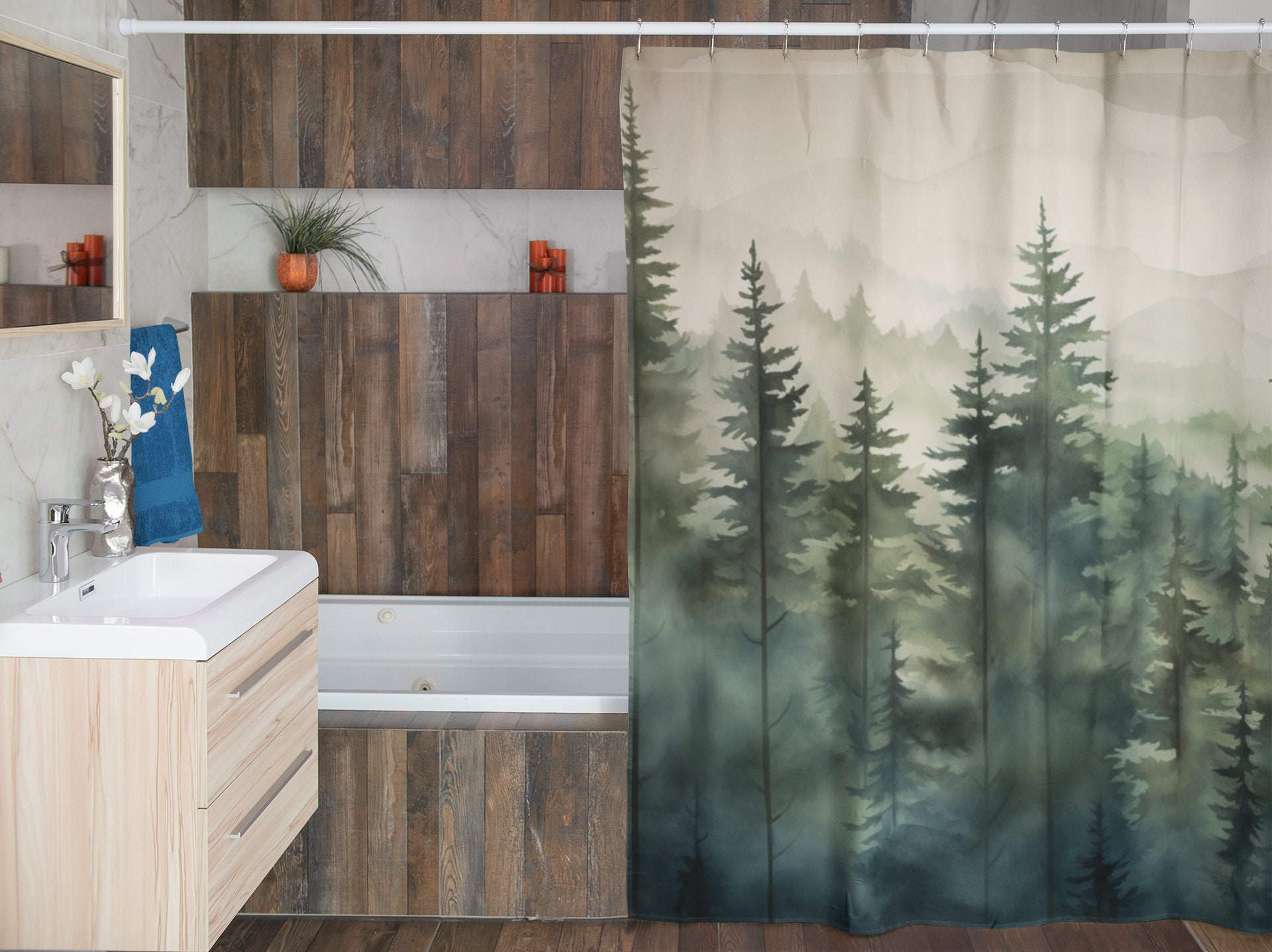Misty Mountain Forest Shower Curtain Enchanting Pine Trees Polyester