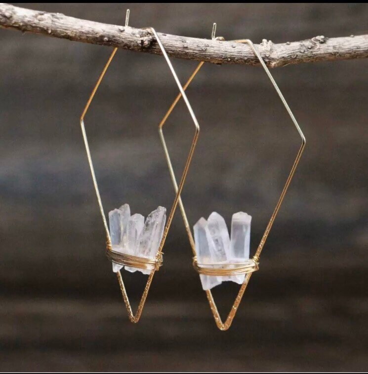 Gold Toned Geometric Hoop Earrings With Crystal Quartz, Clear/White, …