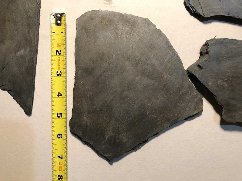 May include: Three pieces of dark gray slate, one of which is measured with a yellow tape measure. The slate is approximately 7 inches long.
