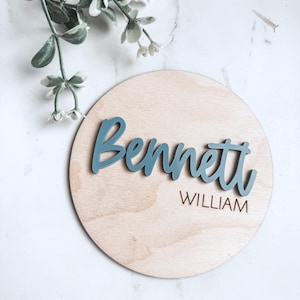 Personalized Baby Name Sign, 3D Wood Name Round with Blue Acrylic,  Custom Nursery Name Reveal Plaque for Boys