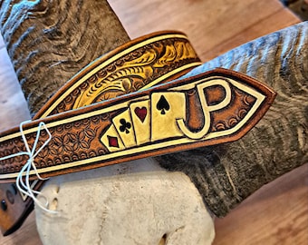 Hand tooled leather belt. Custom. 135 dollars and up.